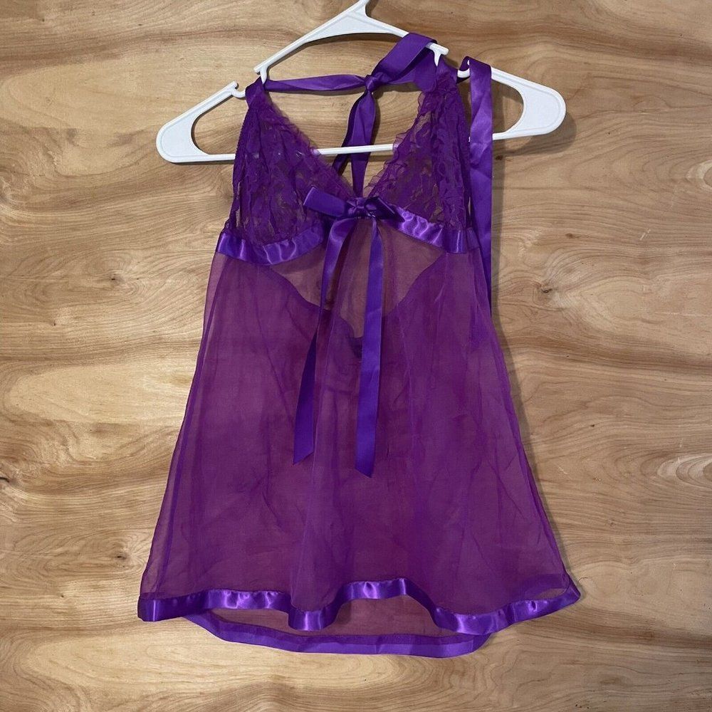 Fredericks of Hollywood Lingerie Babydoll Large Purple Sheer Ribbon Trim